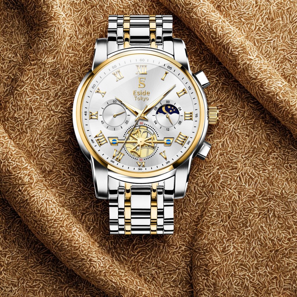 A bold fusion of precision and design, this dual-tone chronograph pairs a silver-gold bracelet with a radiant sunray dial. Roman numerals, moonphase detailing, and a compass-inspired center create a striking statement—built for men who lead with direction and confidence.