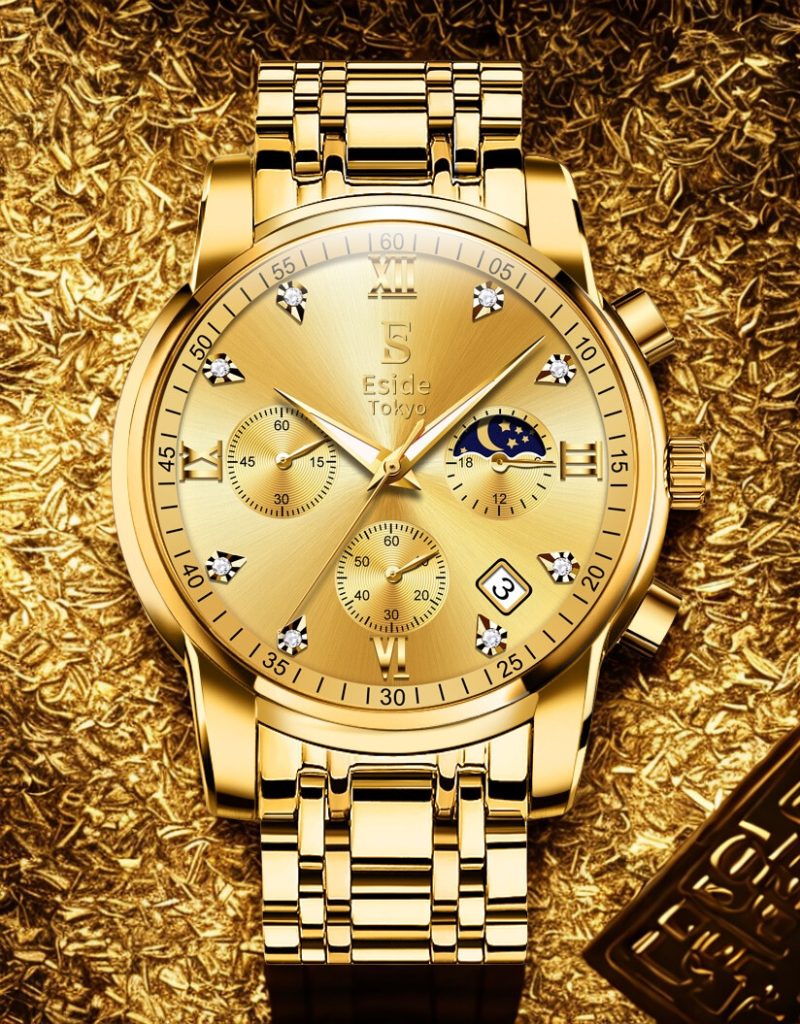 A statement of pure confidence, the Imperial Gold envelops luxury in every detail. With a full gold-tone finish, crystal hour markers, and a radiant sunburst dial, this timepiece commands attention while delivering refined sophistication. Designed for those who move with bold intent.