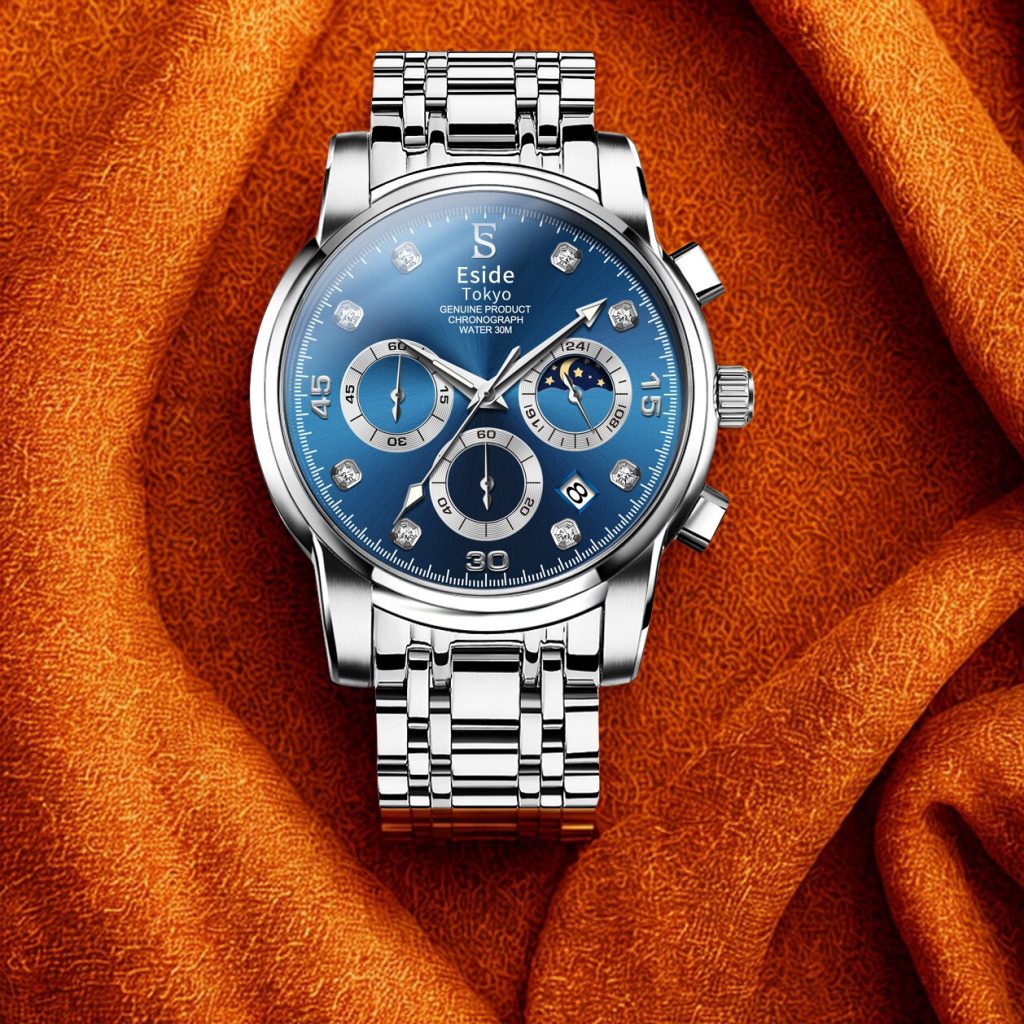 Cool, composed, and commanding—Midnight Steel showcases a deep blue dial set against a polished silver body. With diamond-textured hour markers, a 24-hour subdial, and moonphase detailing, it delivers elegance with a technical edge for the man who values precision and presence.