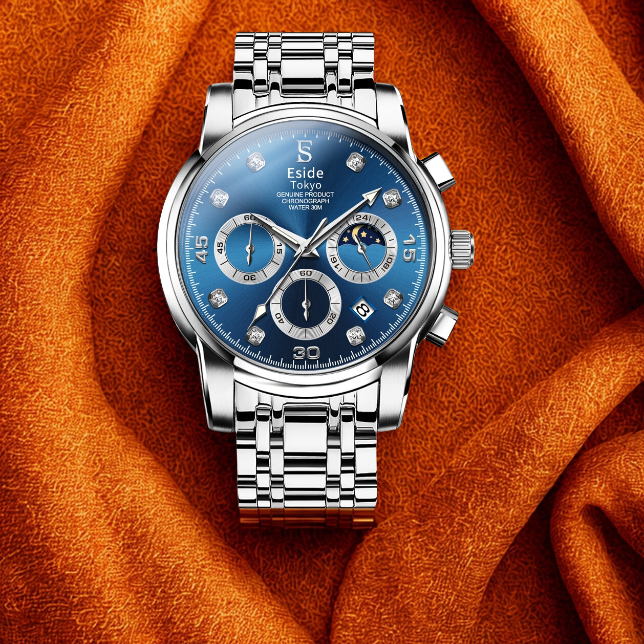 Cool, composed, and commanding—Midnight Steel showcases a deep blue dial set against a polished silver body. With diamond-textured hour markers, a 24-hour subdial, and moonphase detailing, it delivers elegance with a technical edge for the man who values precision and presence.