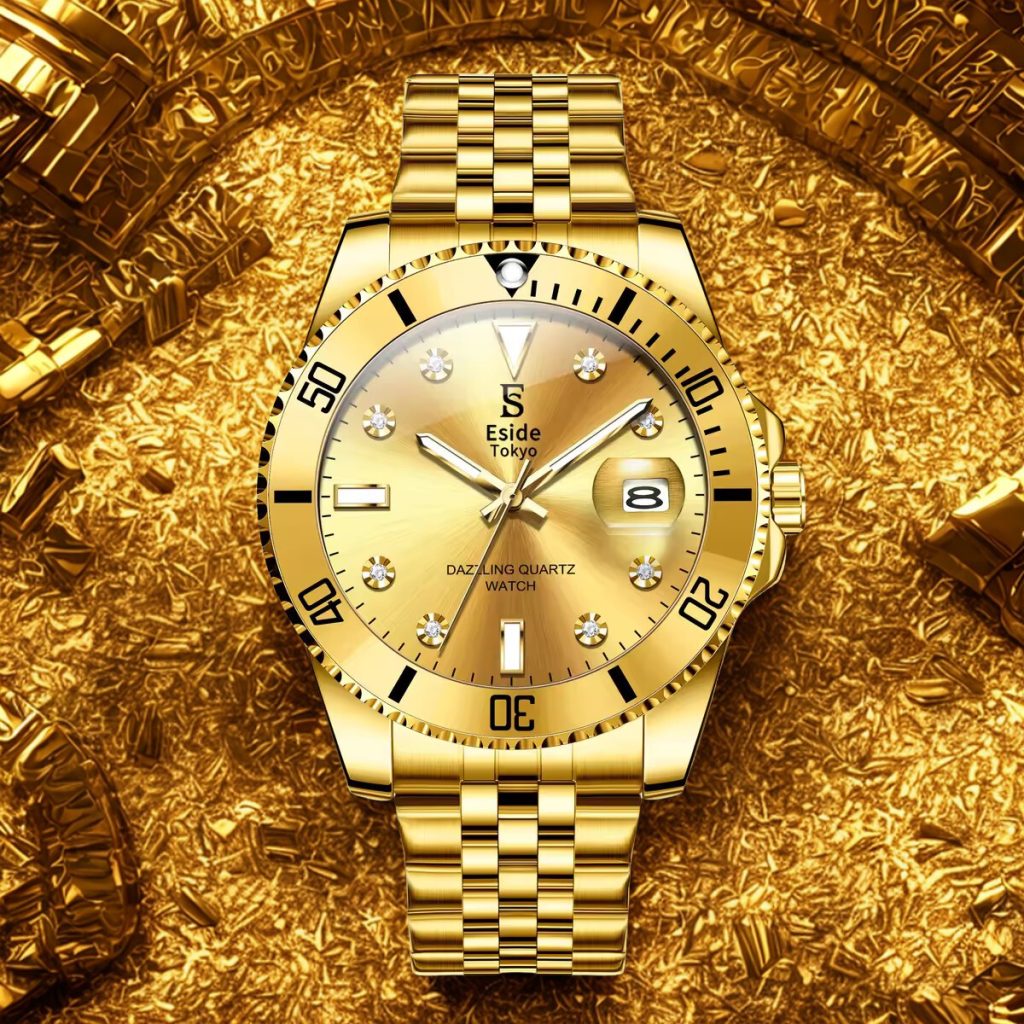 Dripping in confidence, the Full Gold Diver makes no apologies. With a radiant sunburst dial, crystal hour markers, and bold bezel detailing, this timepiece pairs high-impact style with classic dive-watch attitude. Built to shine—anywhere, anytime.