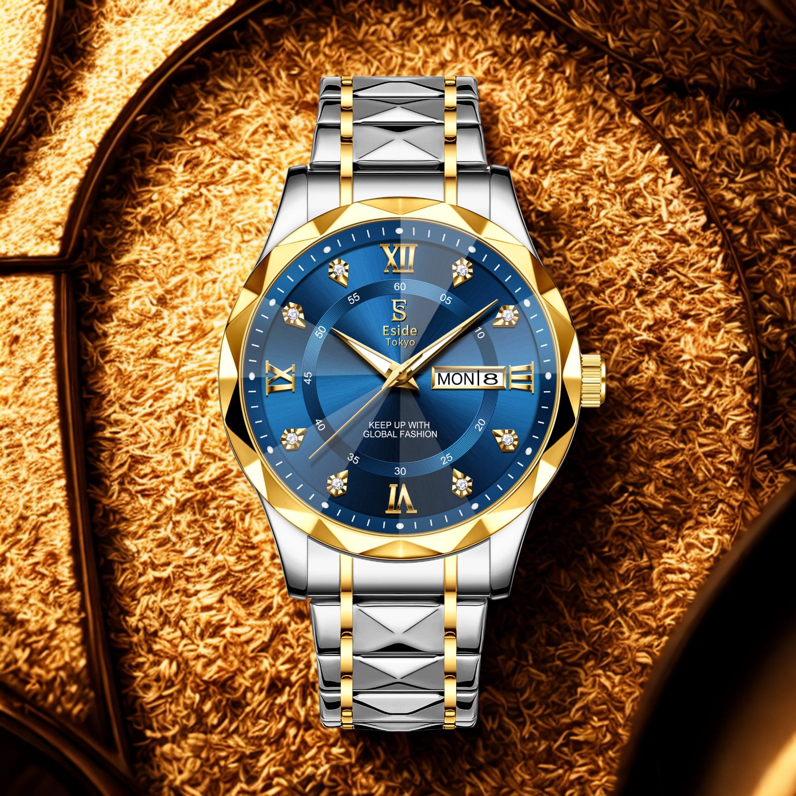Bold by design, the Royal Edge balances deep blue tones with a sharp gold bezel and a uniquely textured bracelet. Roman numerals meet crystal hour markers for a refined touch, while the day-date display adds everyday utility. Fashion-forward, yet timeless at heart.